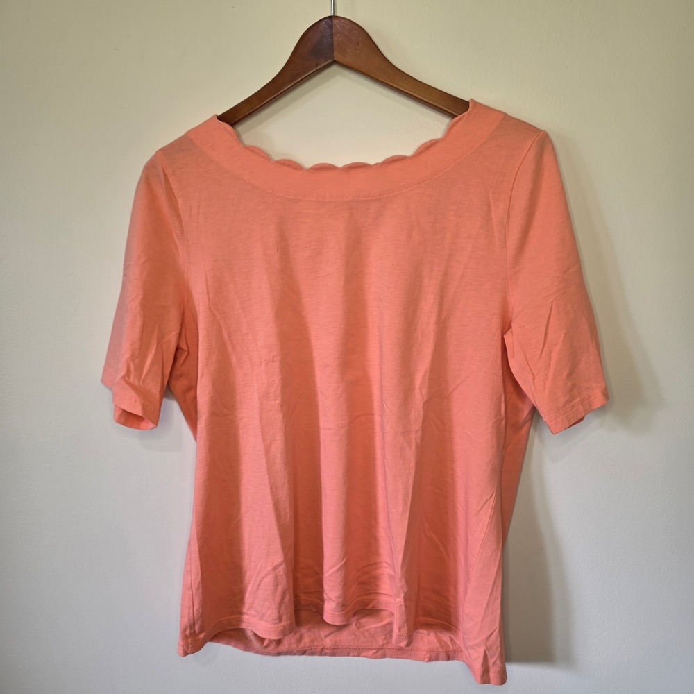 Talbots Scalloped Boat Neck Top Women Large Coral Orange Pima Cotton Classic Tee - Picture 2 of 10